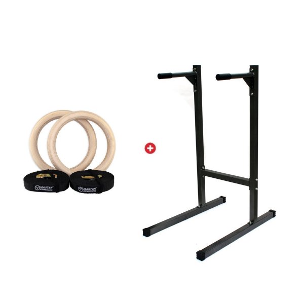 Akn set MASTER - Paraleln bradla MASTER Dip Stand + devn gymnastick kruhy 23 cm